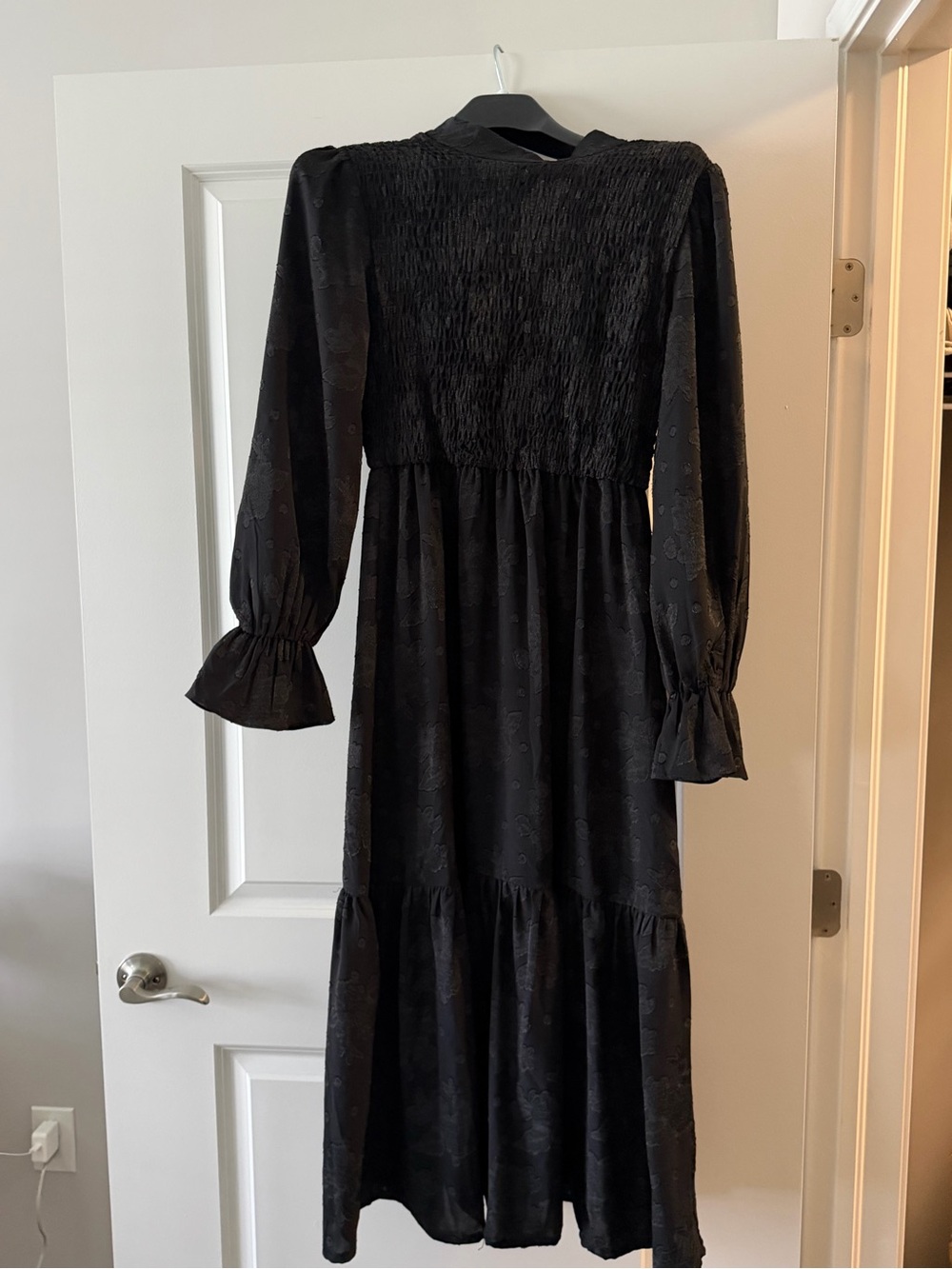 Smocked Black Maxi Dress with Long Puff Sleeves - Women
